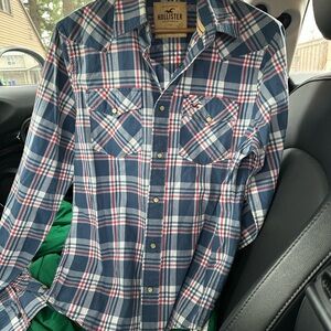 Hollister Navy, White & Red Plaid Western Button-Down Shirt